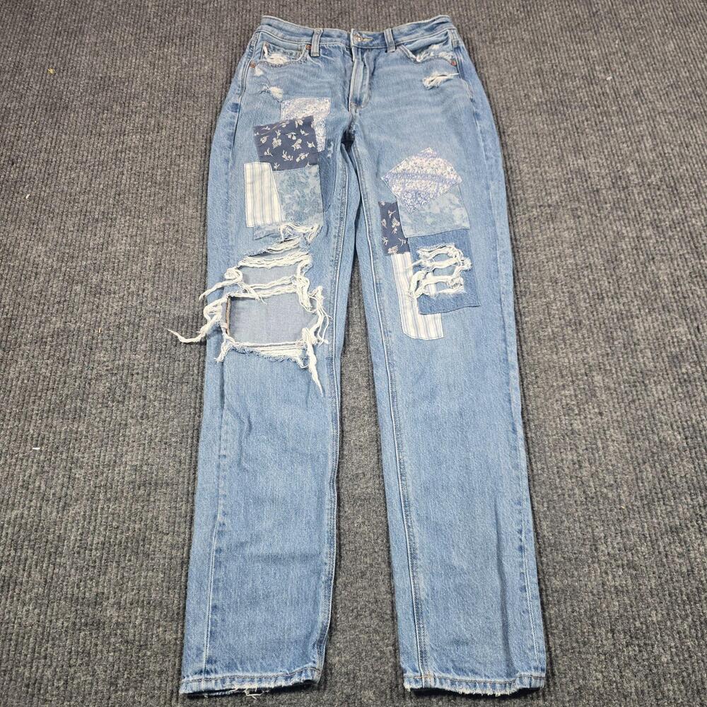 American Eagle Mom Jeans Womens 2 Long Light Wash Distressed Patchwork 27x31